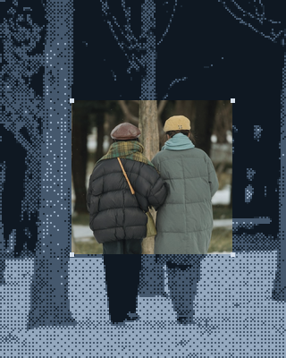 An older couple walks arm in arm in the snow.